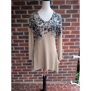 NWT Kristina Y2K Retro Knit Asymmetrical Animal Print Long Sleeve Shirt Sz Sm